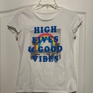 Justice White Tee with Blue Text and Rainbow Design